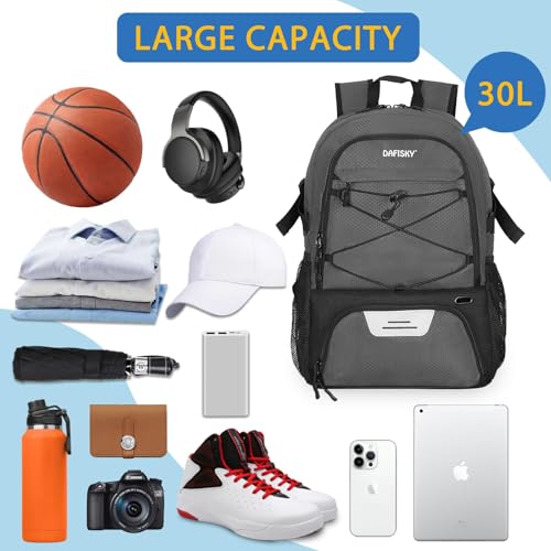 DAFISKY Basketball Backpack, Basketball Bag with Ball Holder Shoes Compartment, Sports Equipment Bag for Soccer Ball, Volleyball - color: Grey