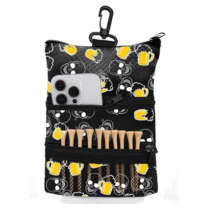 Amy Sport Golf Bag Accessories Valuables Pouch Bags Multi Pocket Zipper Hook with 10 Pcs Wood Golf Tees for Men Women - color: Beer