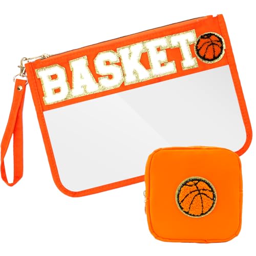 2 Pcs Basketball Gifts Makeup Bag with Chenille Letter Patch,with Handles PVC Waterproof Clear Makeup Bag,Portable Toiletry Storage Bag,Players & Fans Birthday, Team or Sports Lover Presents - color: Basketball