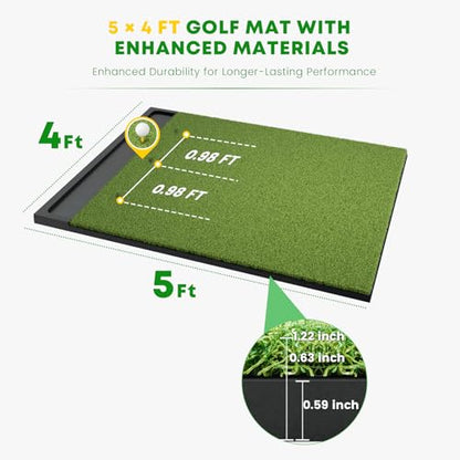 Integrated Golf Hitting Mat with Ball Tray, Thickening Golf Mats Practice Outdoor & Indoor Artificial Turf Matt with 3 Tees - size: 5' x 4' (L x W)