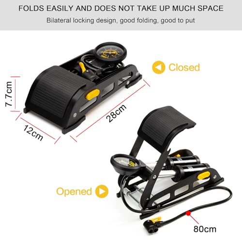 Double Cylinder Barrel Bike Foot Pump,160PSI Aluminum Body Floor Air Pump with Precisional Accurate Pressure Gauge Smart Valve Head for Presta Schrader & Deutschland Valve Bicycle Tire Pumps