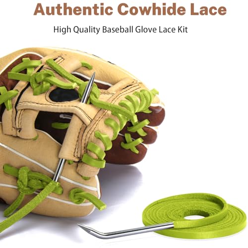 Softball Baseball Glove Lace, Mitt Lace Repair Kit Includes 2 Leather Laces and Lacing Needle for Catcher's Glove - color: Apple_green