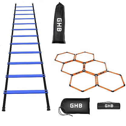 GHB Agility Ladder 1 Pack and Hex Agility Rings 1 Pack 12 Rung 20ft with 3 Carrying Bag