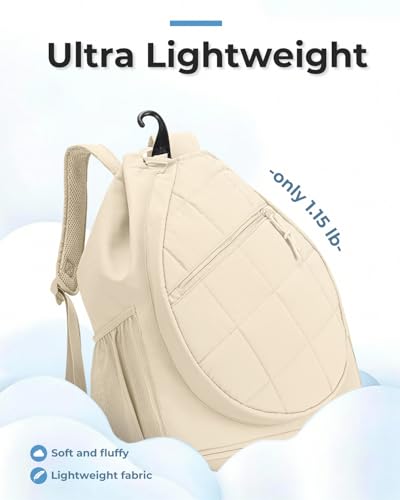 Drawstring Tennis Backpack, Puffer Tennis Racket Bag with Shoe Compartment & Wet Pocket Gym Bag for Women, Suitable for Pickleball Tennis Badminton - color: Beige