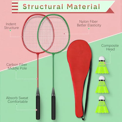 12 Pack Badminton Rackets Set Including Badminton Racquets, Nylon Shuttlecocks and Carry Bag for Outdoor Backyard Games Beginners - color: Green, Red