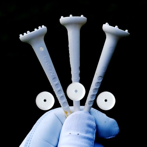 BIRDIE79 Big Easy White Golf Tee Set – 0.75" Big Head 3.25" Adjustable Height Tees, Reinforced Break-Resistant Construction, 6-Prong Low-Friction Design, Silicone Stoppers (12 Tees + 12 Stoppers).