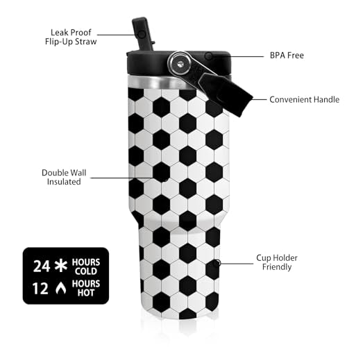 30 oz Tumbler with Handle Flip Straw Leak Proof - Soccer Cup 30oz Tumbler Travel Coffee Mug with Handle - Birthday Gifts for Women Men Soccer Lovers Fans 30 Ounce Stainless Steel Cup - color: Soccer