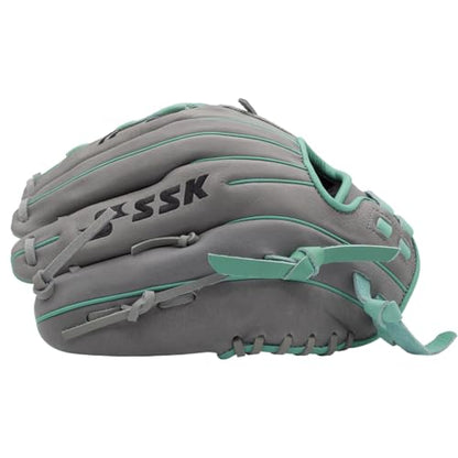 SSK FP5 Fastpitch Softball Glove – Infield - Outfield - Pitcher – 11.5”-11.75”-12”-12.25”-12.5”-12.75”-13”– Right & Left Hand Throw - color: Grey/Mint - Basket Web, size: 11.5" - Right Hand Throw