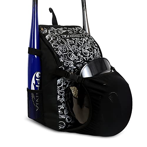 PHINIX Kids Youth Baseball Bag T-ball Backpack - color: Black-With helmet bracket