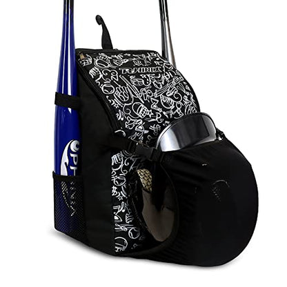 PHINIX Kids Youth Baseball Bag T-ball Backpack - color: Black-With helmet bracket