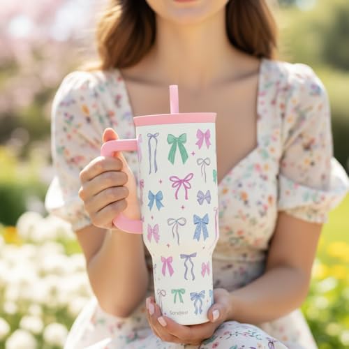 SANDJEST Bow 40oz Tumbler With Handle and Straw, Insulated Stainless Steel Travel Coffee Mug for Women Girls Bow Lovers, Gift Idea for Birthday Christmas Mothers Day - color: Bow 1