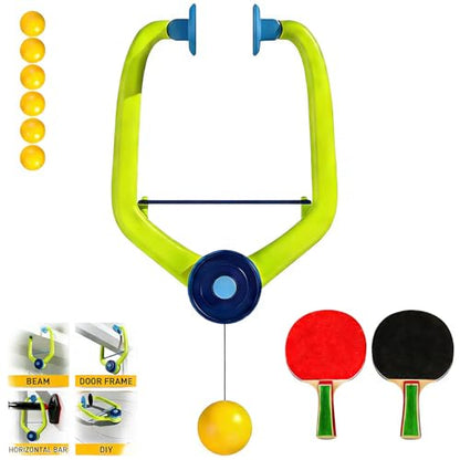 Hanging Ping Pong Tennis Trainer, Ping Pong Hanging from Doorway Adjustable Over-The-Door Table Tennis Kit with Wooden Paddles and Balls, Portable Daily Exercise Set