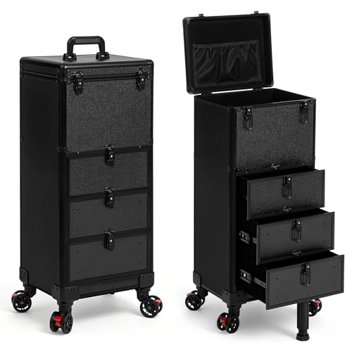 Rolling Makeup Train Case with 3 Drawers, Nail Trolley Cart Salon Station Cosmetology Case on Wheels Organizer Cases for Nail Tech,SPA,Face Painting,Hairstylist,Makeup Artist (Black) - color: Black, size: 3 Drawers