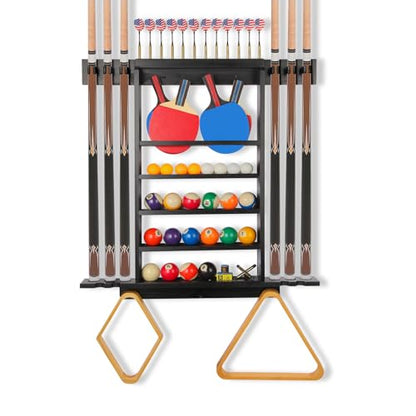 Pool Stick Holder Wall Mount, Pool Cue Rack, Ping Pong Paddle Holder, Dart Holder 3-IN-1,100% Solid Wood Billiard Cue Racks,12 Steel/Soft Tip Darts and Table Tennis Accessories for Man Cave - style: 3-IN-1