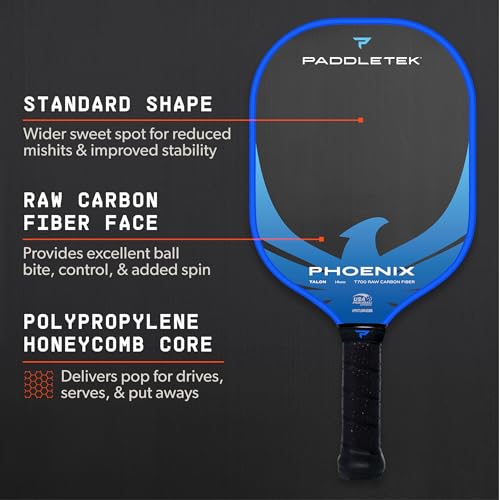 Paddletek Phoenix Talon – 14mm Pickleball Paddle – Raw Carbon Fiber Face – Balanced Control & Spin – Polypropylene Honeycomb Core – USAPA Approved Pickle Ball Paddle – 5.25 Inch Handle - color: Riptide