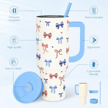 SANDJEST American Flag 40oz Tumbler with Handle and Straw, Insulated Stainless Steel Travel Coffee Mug for Women Girls, Gift Idea for Birthday Christmas 4th of July (Bow) - color: American Flag 1