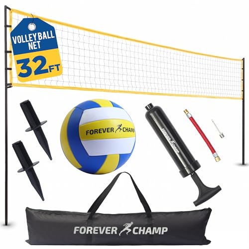 Forever Champ Volleyball Net for Backyard, Beach, Home, Includes 32x3 Ft Regulation Size Net, 8.5-Inch PU Volleyball, Carrying Bag, Boundary Lines, Steel Poles & Pump, Portable Volleyball Net Outdoor