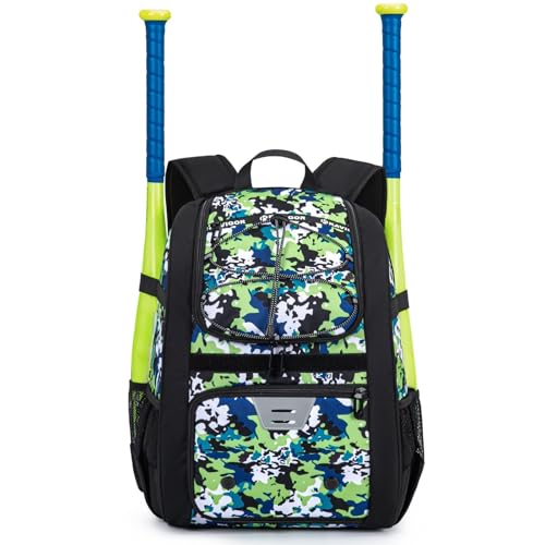 KAVIGOR Youth Baseball Bag, Softball Bag for Girls & Boys, Kids Tball Backpack with Shoes Compartment - color: Green Camo