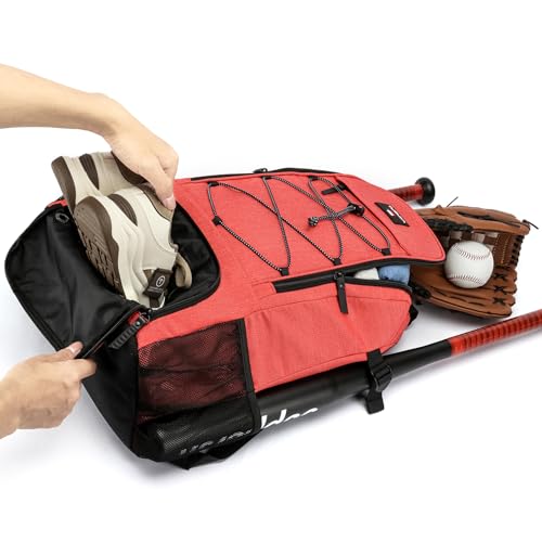 Baseball Backpack, Baseball Bag for Youth, Softball Bat Bag with Shoes Compartment, Laptop Compartment & Holds 2 Bats, Small Baseball Bat Equipment Bags for Fence Hook, Glove Holder & Helmet - color: Red