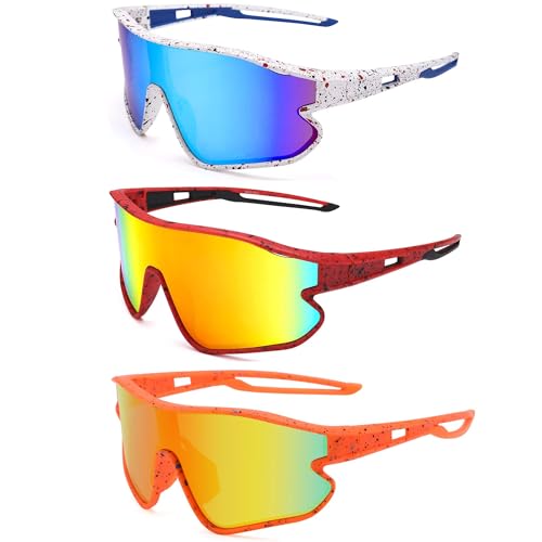 Kids Baseball Sunglasses - Youth Baseball Sunglasses for Boys Girls - Sports Softball Shades Age 6-14 - color: A0 White/Blue Mirror + Red/Orange Mirror + Orange/Red Mirror
