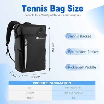Smartway Waterproof Pickleball Bag With Shoe Compartment - Large Capacity Tennis Racket Backpack For Men Women - color: Black