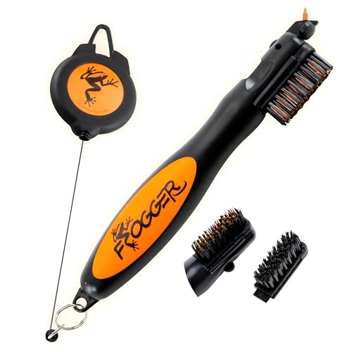 Frogger BrushPro Golf Club Cleaner with Ergonomic Grip and 2.5 ft. Retractable Cord - Sturdy Golf Club Brush and Groove Cleaner for Golfers - color: Orange