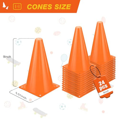 24pcs Cones 9 Inch Soccer Cones and Plastic Traffic Cones, Durable Cones for Sports Training, Ideal for Soccer, Basketball, Football, Skating, and Agility Drills Practice