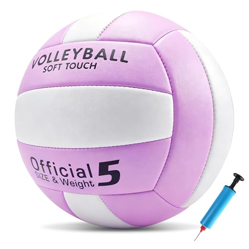 Soft Volleyball Official Size 5 for Indoor Outdoor Beach Sand Play Pool Gym Training, Soft Touch Thicker PU Volleyball with1 Ball Pump & 1 Air Needles for Adult - color: Purple White