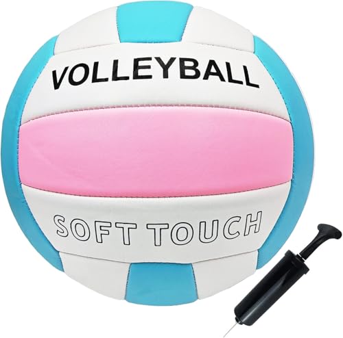 ABAJI Volleyball Official Size Soft Surface Training Practice Indoor Outdoor Gift for Kids Come with Pump Needle - color: Pink Blue White