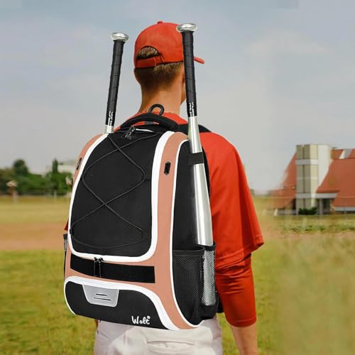 WOLT Youth Baseball Bag - Bat Backpack for Baseball, T-Ball & Softball Equipment & Gear, Bat & Glove Holder, Large Main Compartment for Helmet & accessories, Separate Shoes Compartment, Fence Hook - color: Lightpink
