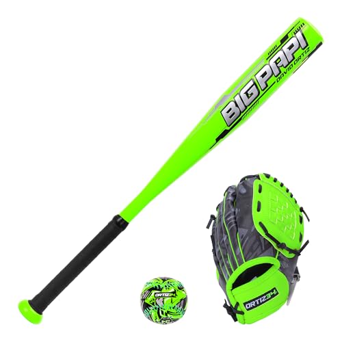 Ortiz34 Youth T-Ball Set, 25” Signature Aluminum T-Ball Bat with -10 Drop, Foam Core T-Ball, 9” Lightweight Youth Glove, Vibrant Graffiti Print - color: Green