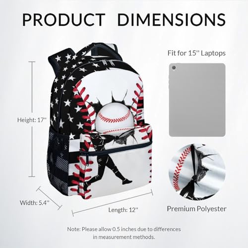 Mercuryelf Kids Backpack – Baseball School Bookbag for Boys and Teens, American Flag School Backpack for Preschool Kindergarten Elementary Students, 17 Inch - color: Black