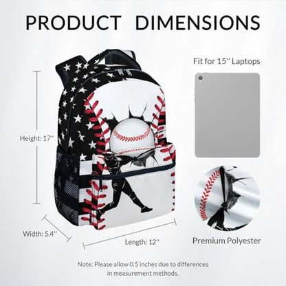 Mercuryelf Kids Backpack – Baseball School Bookbag for Boys and Teens, American Flag School Backpack for Preschool Kindergarten Elementary Students, 17 Inch - color: Black