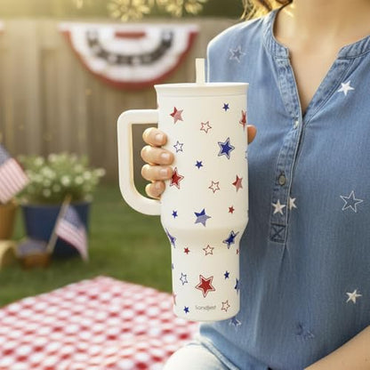 SANDJEST American Flag 40oz Tumbler with Handle and Straw, Insulated Stainless Steel Travel Coffee Mug for Women Girls, Gift Idea for Birthday Christmas 4th of July (Star) - color: American Flag