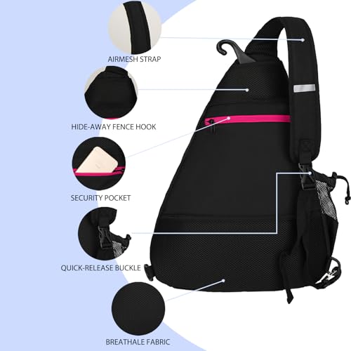 Goloni Pickleball Sling Bag for Men Women, Lightweight Pickleball Backpack with Fence Hook - color: Black Rose