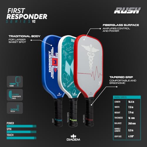 Diadem Rush Pickleball Paddle Series | USAPA Approved | Lightweight Fiberglass 16mm Paddle with Fiberglass Surface for Spin & Control | Stunning Color Options Including First Responder Series