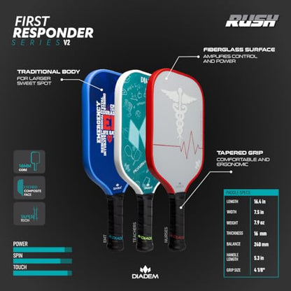 Diadem Rush Pickleball Paddle Series | USAPA Approved | Lightweight Fiberglass 16mm Paddle with Fiberglass Surface for Spin & Control | Stunning Color Options Including First Responder Series