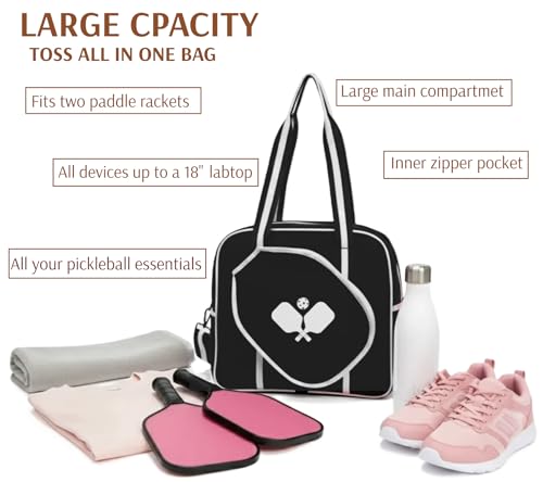 Pickleball Sports Tote Bag with Racket Holder, Neoprene, Adjustable Shoulder Strap - color: Black/White