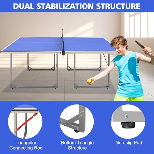 Foldable Ping Pong Table Portable 4.5FT/6FT/9FT Indoor MDF Table Tennis Table Multi-Purpose Family Game Table with Net, 2 Paddles and 3 Balls for Kid Teenager Adult - color: 6FT Blue White