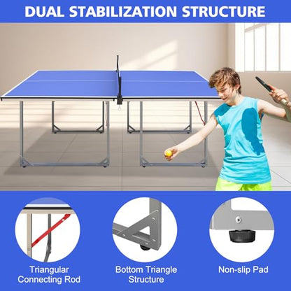 Foldable Ping Pong Table Portable 4.5FT/6FT/9FT Indoor MDF Table Tennis Table Multi-Purpose Family Game Table with Net, 2 Paddles and 3 Balls for Kid Teenager Adult - color: 6FT Blue White