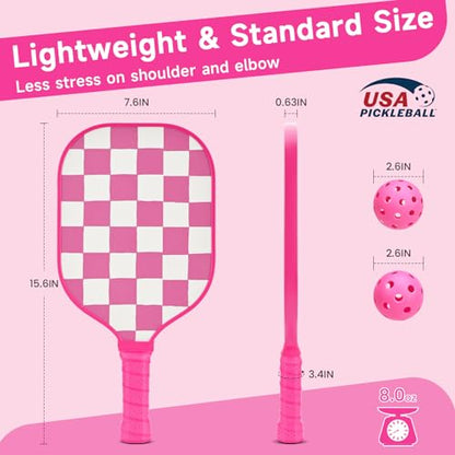 Pink Pickleball Paddles Set of 2/4, USAPA Approved Fiberglass Pickle Ball Set with 2/4 Cute Lightweight Pickleball Rackets, 2 Indoor &2 Outdoor Balls, 1 Pickleball Bag for Women, Beginner, Youth