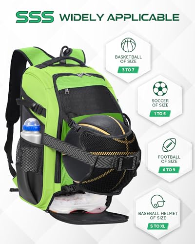 Large Baseball Backpack for Adult Youth 42L Softball Bat Bag with Detachable Adjustable Helmet Mesh Pocket Fit Basketball Soccer Volleyball Baseball Equipment Bag for Men Women 12+ Boys Girls - color: Green