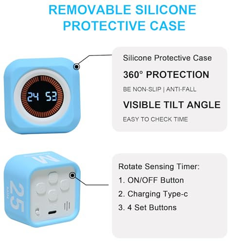 Rotating Pomodoro Cube Visual Timer 5, 25, 10 50 Minutes Preset, Rechargeable Desk Productivity Flip Timer w/Silicone Cover Custom Countdown, Silent Mode for ADHD, Study, Work, School(Blue) - color: Blue+white