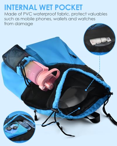 BROTOU Swim Bag Beach Backpack with Wet Pocket Mesh Drawstring Bags for Swimming, Gym - color: Blue
