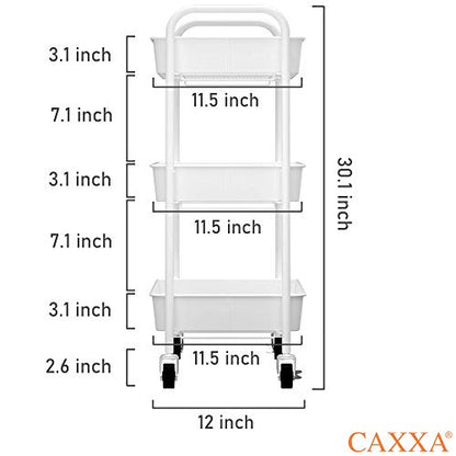 CAXXA 3-Tier Rolling Metal Storage Organizer - Mobile Utility Cart Kitchen Cart with Caster Wheels, White - color: White