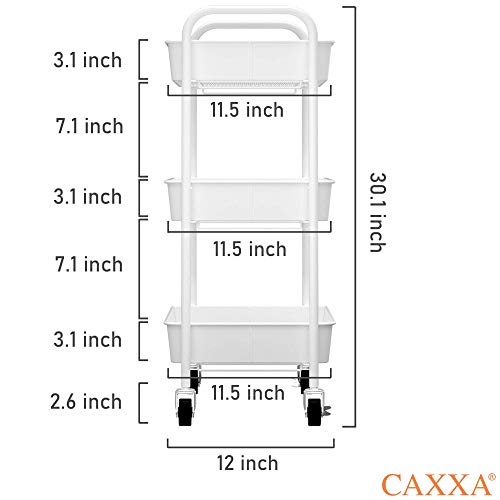 CAXXA 3-Tier Rolling Metal Storage Organizer - Mobile Utility Cart Kitchen Cart with Caster Wheels, White