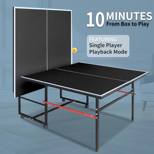 IUNNDS Portable Table Tennis Table 6/8/8.5/9FT Foldable Ping Pong Game Set for Indoor with Net and Post Set, 2 Paddles and 3 Balls - color: Black-8FT