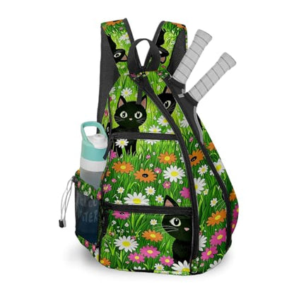 Pickleball Bag Cartoon Cats Green Pickle Ball Backpack for Women Men Premium Lightweight Crossbody Sling Bag Sports Backpack for Pickleball Paddle Tennis - color: Cats Green
