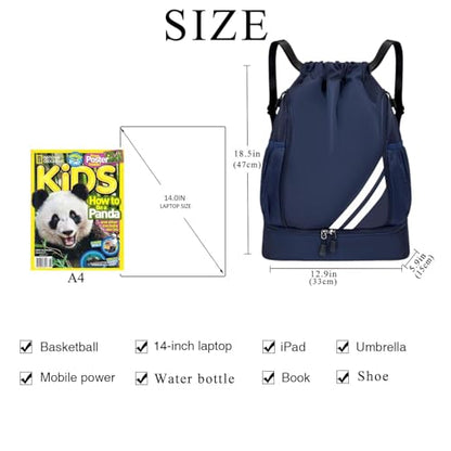 Drawstring Soccer Backpack with Shoe Compartment - Gym Bag for Basketball, Volleyball and Football - Water Resistant Nylon Sports Cinch Sack for Men Women