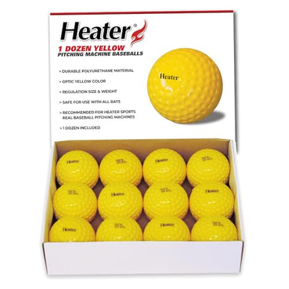 Heater Yellow Dimpled Baseballs, 1 Dozen, Polyurethane Material, Optic Yellow Color, for Use in Real Baseball Pitching Machines